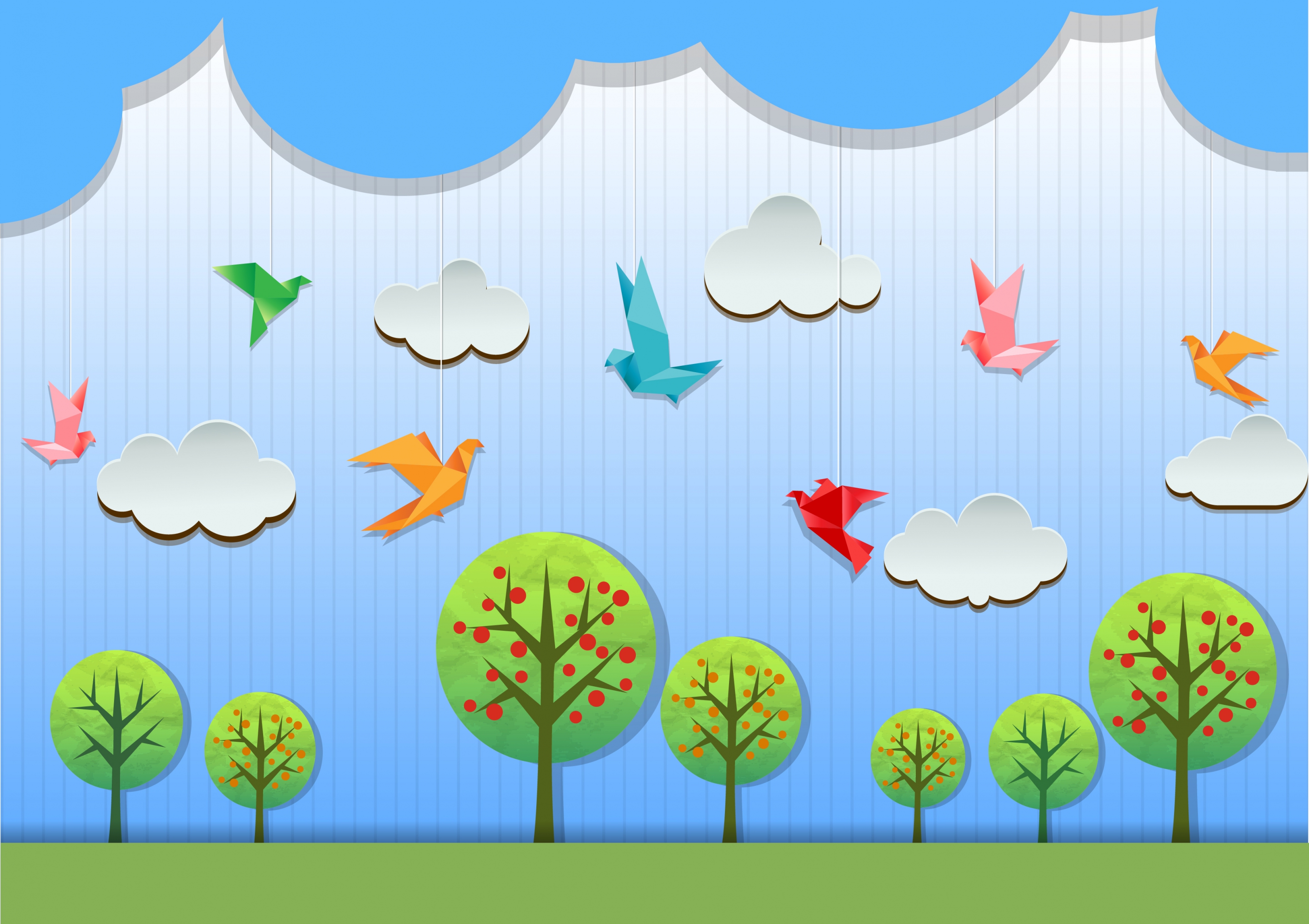 Papercraft Image of Trees, Birds and Clouds