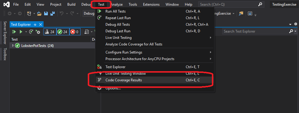 Code coverage command in the Test Menu