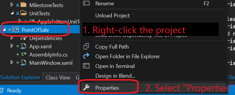 Selecting the Project Properties in Visual Studio