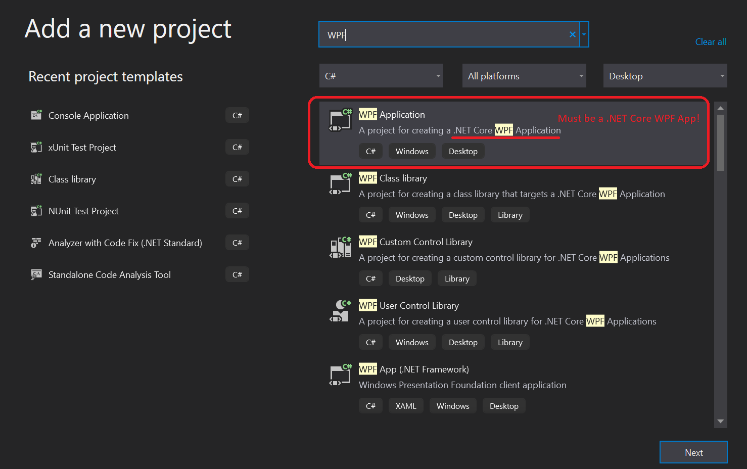 Selecting .NET Core WPF App from the New Project Wizard