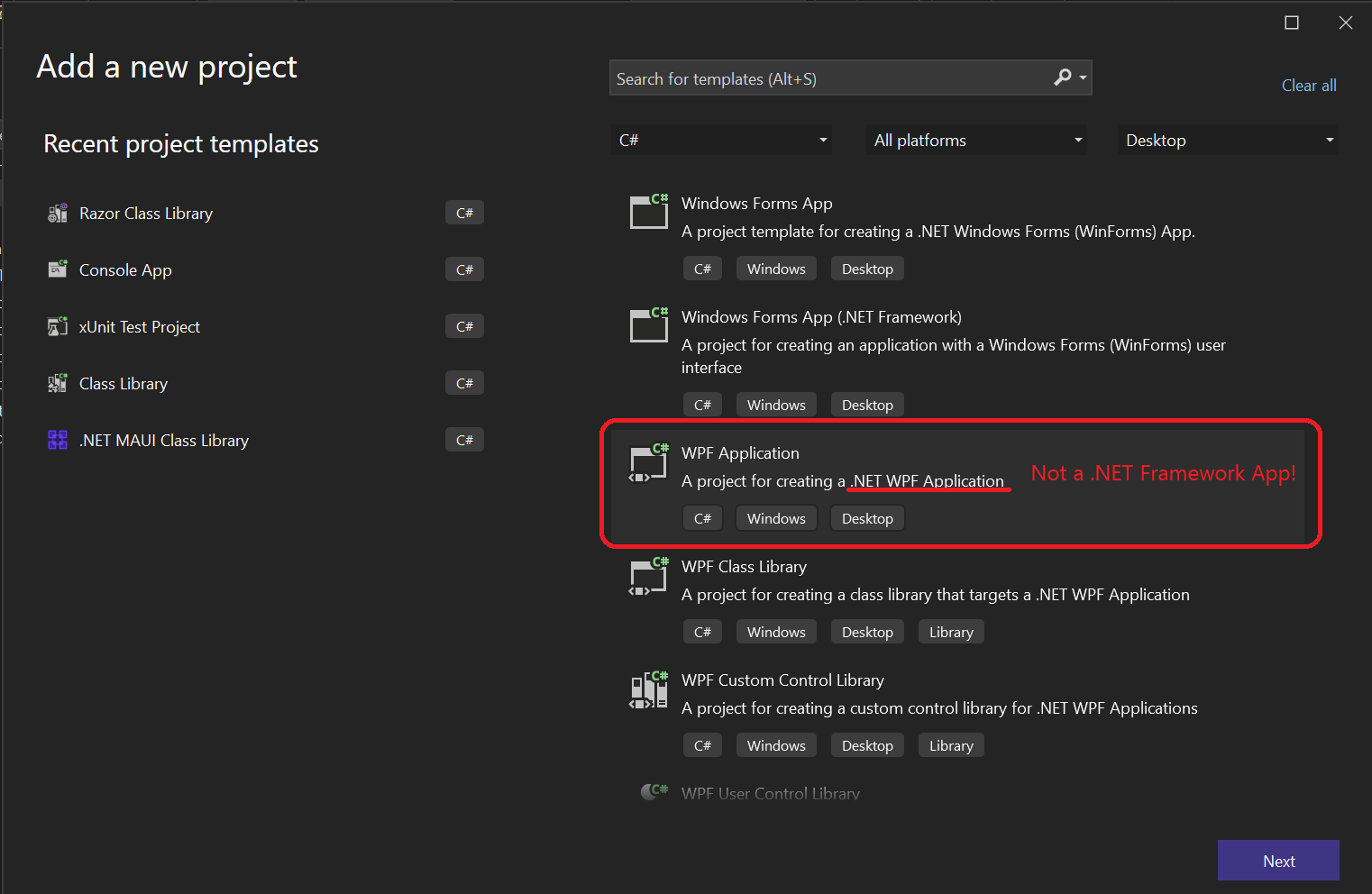 Selecting .NET Core WPF App from the New Project Wizard