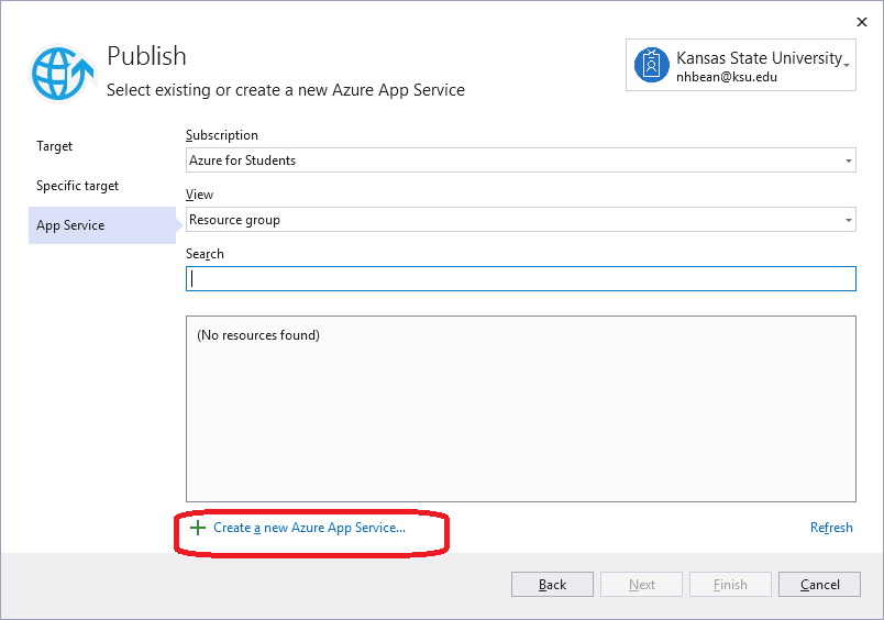 Azure App Service in the Publish Wizard