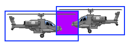 An example of where per-pixel collision detection is useful - the two raster graphics overlap, yet the helicopters are not colliding
