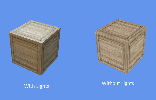 Side-by-side comparison of a lit and unlit crate
