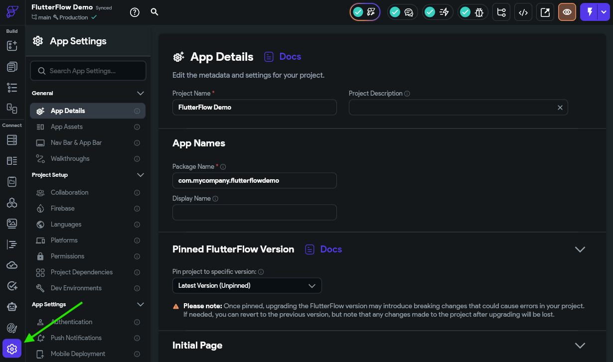 FlutterFlow App Settings