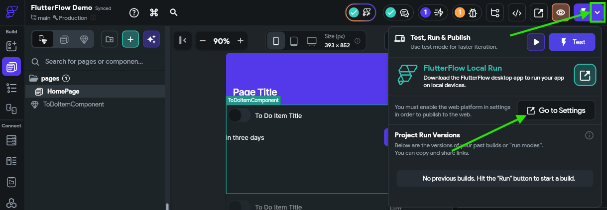 FlutterFlow Run Options