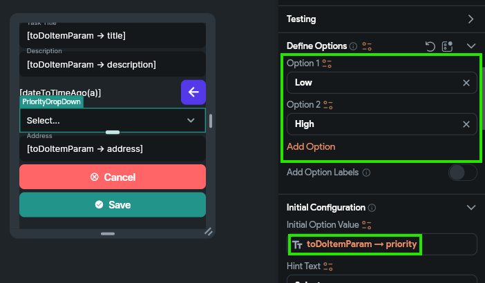 FlutterFlow Configure Drop Down
