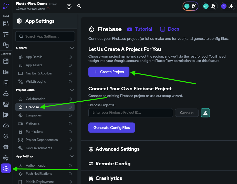 FlutterFlow Create Firebase Project