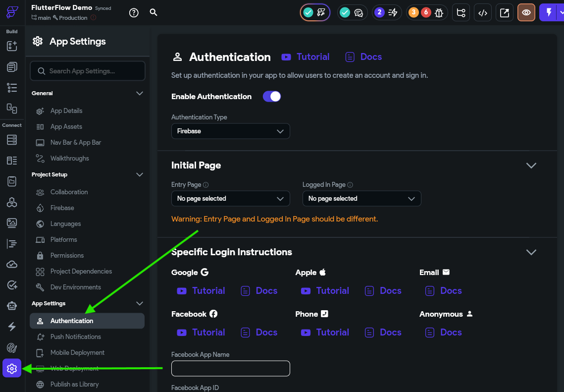 FlutterFlow Authentication Settings