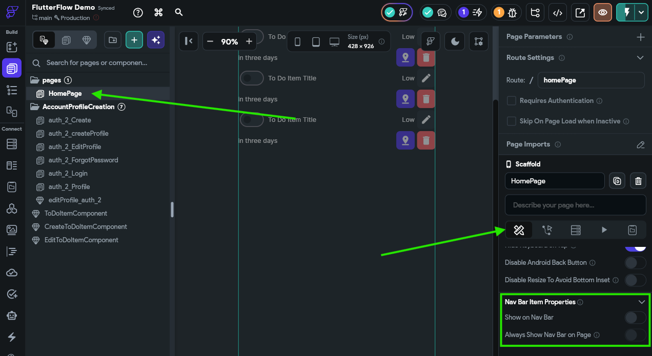 FlutterFlow Nav Bar Settings