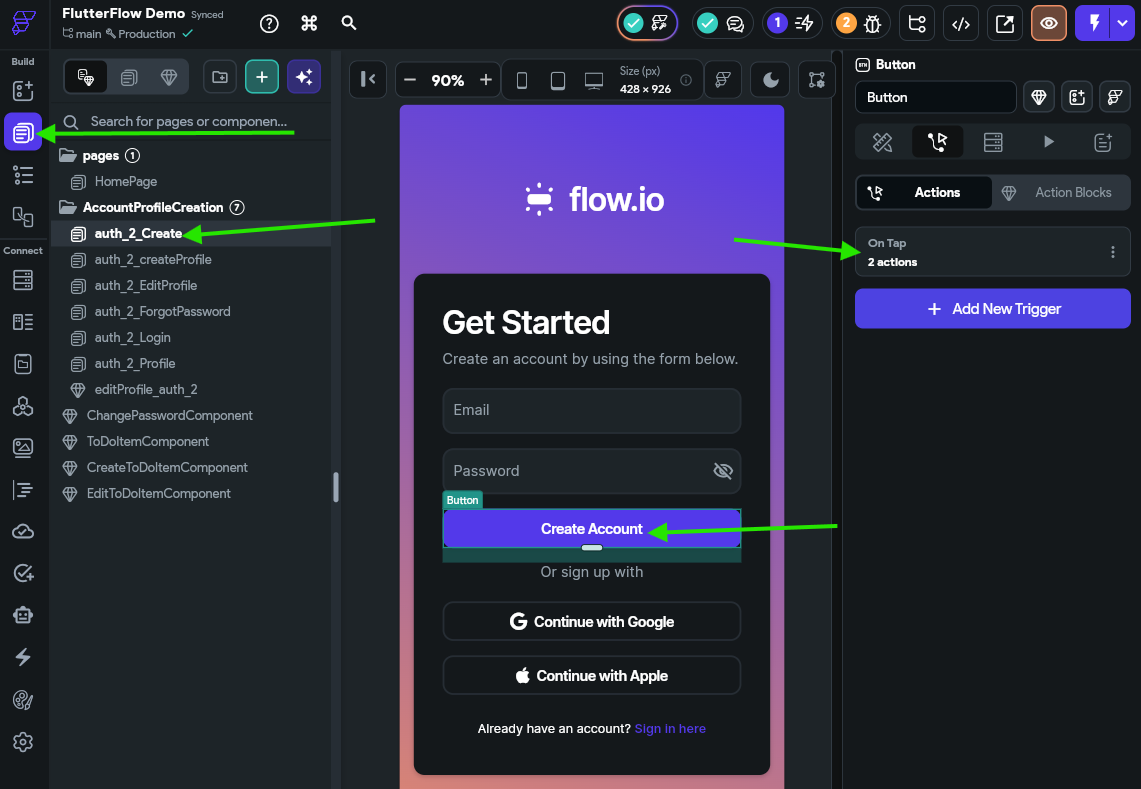 FlutterFlow Create Account Button