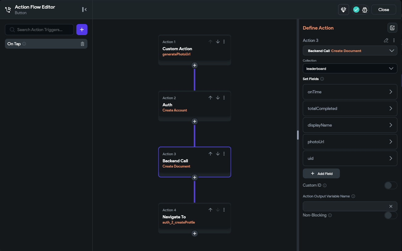 FlutterFlow Add Create Document Action